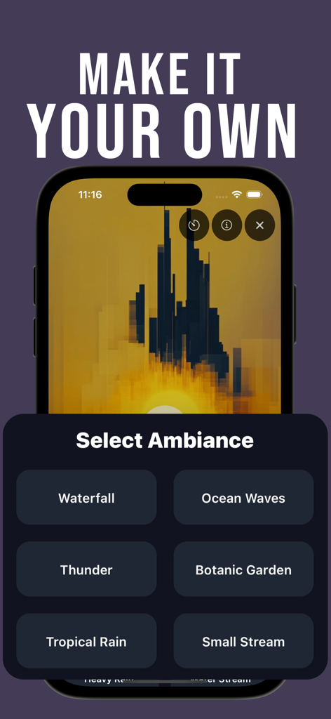 Solfeggio Frequencies - Chakra - Interfaccia dell'app Frequenze Solfeggio che mostra un menu di selezione per suoni naturali ambientali come Cascata, Onde dell'oceano e Giardino botanico.