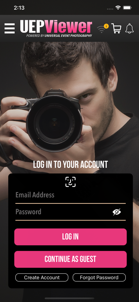 UEPViewer - UEPViewer app login screen with email and password fields and a guest access button