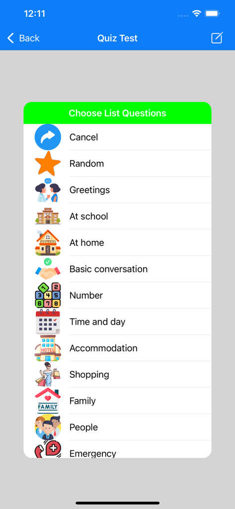 A list of Thai language quiz categories including greetings shopping and emergency phrases in the Learn Thai Travel Premium app.