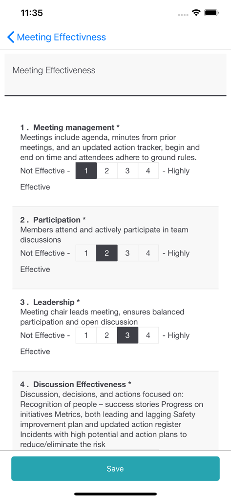 SafeAlign - SafeAlign mobile app interface showing a meeting effectiveness evaluation form with rating scales for leadership and participation