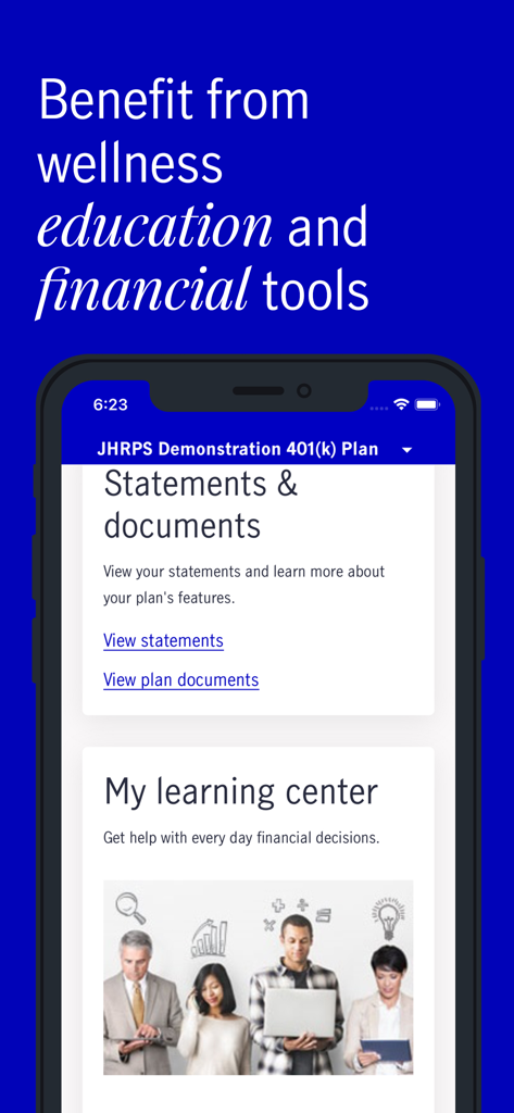 John Hancock Retirement - John Hancock Retirement app interface showing sections for wellness education and financial plan documents