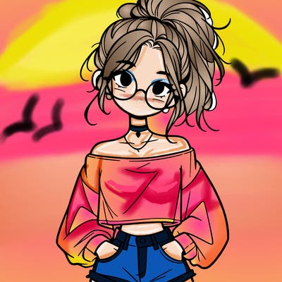 girl with a messy ponytail glasses a baggy crop top and jean shorts