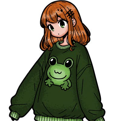 girl wearing frogging sweatshirt
