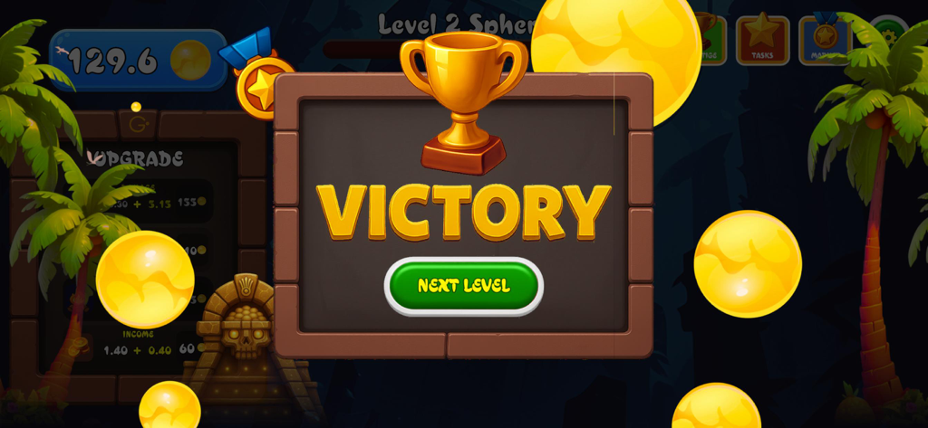 Ostec Crumble - Victory screen in Ostec Crumble showing a gold trophy and next level button over a tropical jungle background