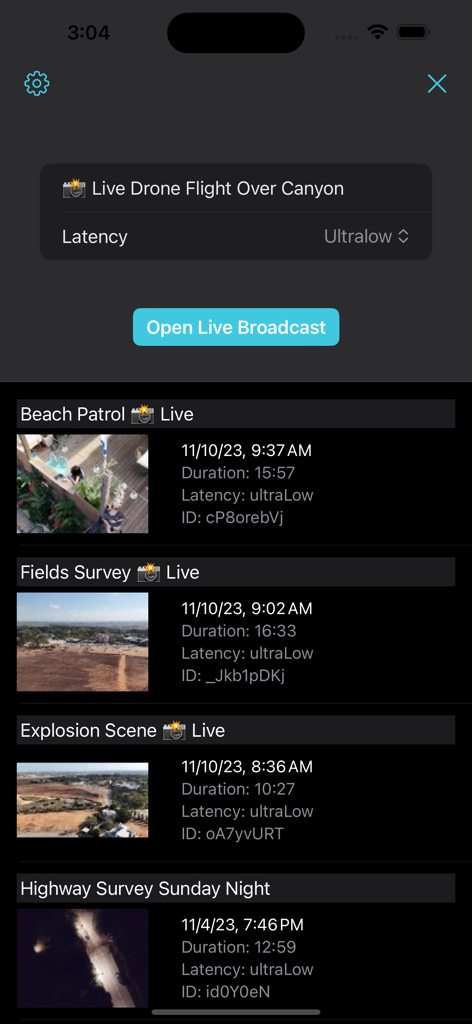 The FlyLive app interface showing a list of previous drone live streams and a button to start a new broadcast
