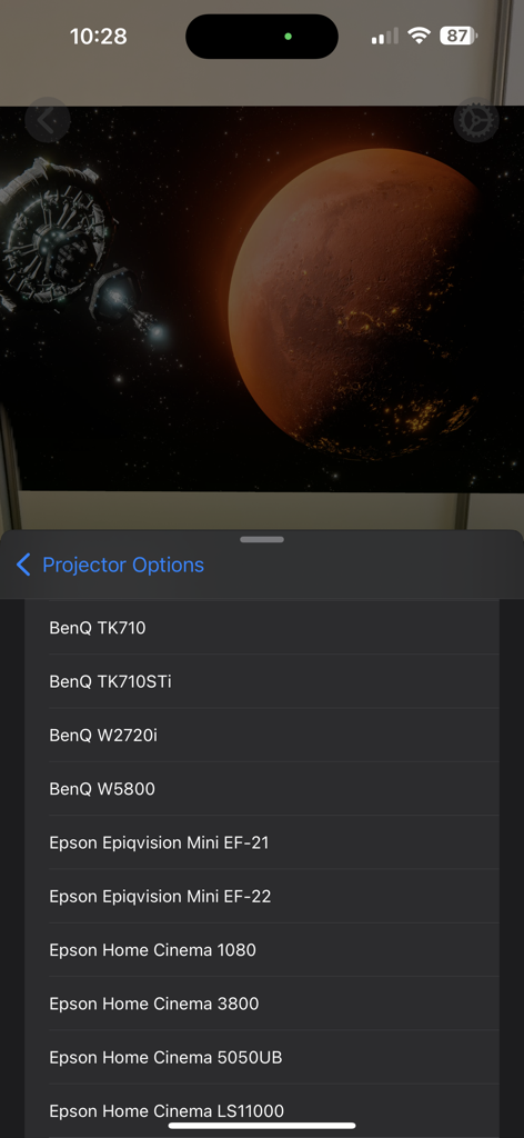 Die Screener-App zeigt eine Liste von BenQ- und Epson-Projektormodellen für die AR-Einrichtung an.