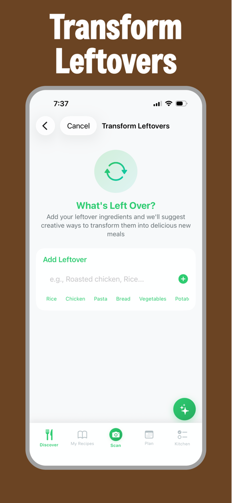 RecipeScan app interface for transforming leftover ingredients into new meal suggestions
