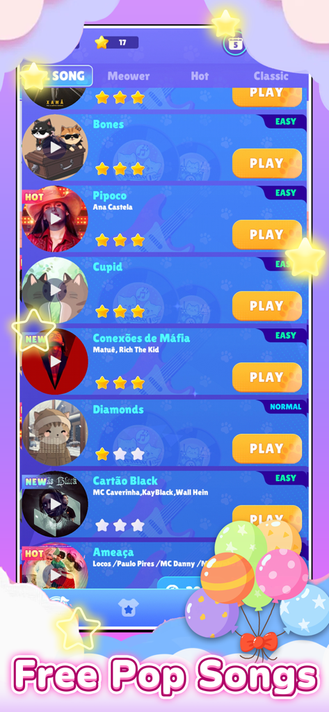 PopCat Tiles: Piano & Music - Écran de la bibliothèque musicale du jeu de piano PopCat Tiles affichant des chansons populaires avec des icônes sur le thème des chats et des ballons colorés.