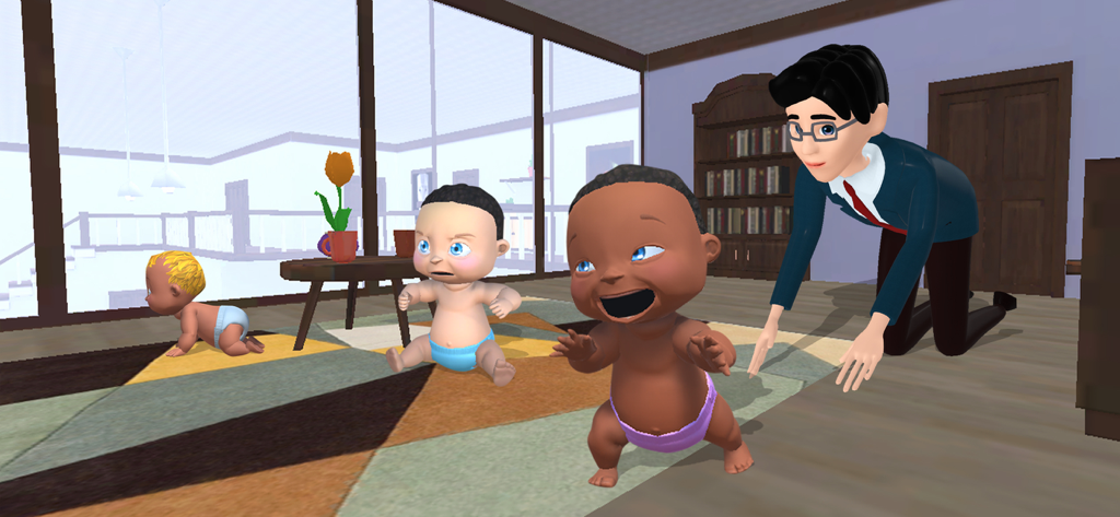 A man looking for babies in a hide and seek living room game scene