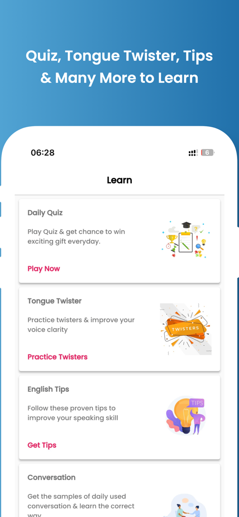 Interfaz de la aplicación Speak English Online que muestra funciones de aprendizaje como cuestionario diario y trabalenguas