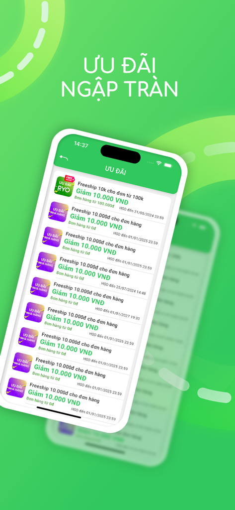 RYO - Giao đồ ăn & Đặt xe - Interfaz de la aplicación RYO que muestra una lista de promociones diarias y cupones de descuento en vietnamita