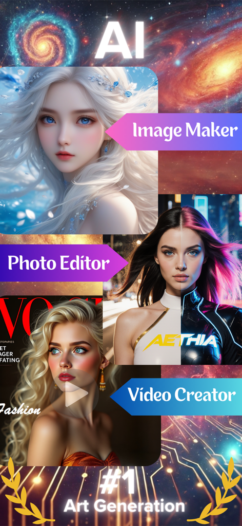 Aethia AI Photo & Video Editor - Aplicativo Aethia AI mostrando editor de fotos e ferramentas de criação de vídeo.