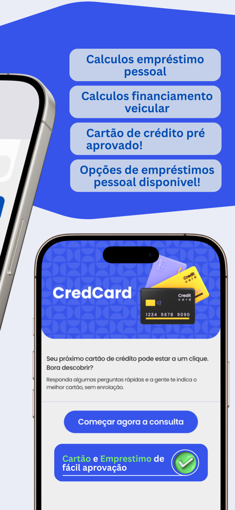 Interfaz de una aplicación financiera mostrando opciones para préstamos personales, financiación de vehículos y comparación de tarjetas de crédito