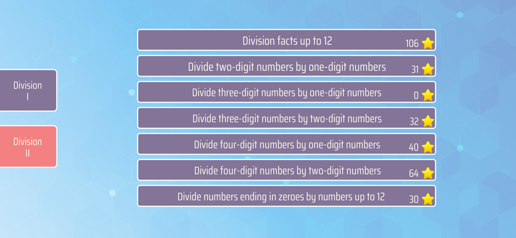 Math Shot Division - Menu screen of Math Shot Division app showing various advanced division levels and scores