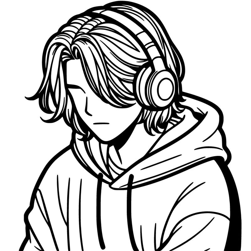 a guy with long hair with headphones wearing a hoodie