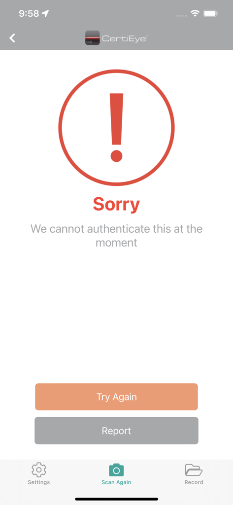 CertiEye mobile app screen showing a failed product authentication message with an exclamation mark icon