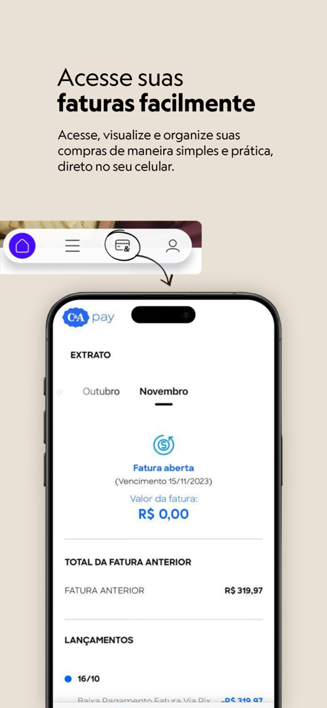 Schermata di gestione delle fatture digitali C&A Pay che mostra gli estratti conto mensili