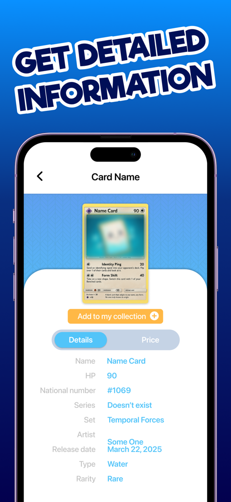 Card Scanner TCG for Pokemon - Mobile app interface displaying detailed Pokemon card statistics including rarity and collection management options.