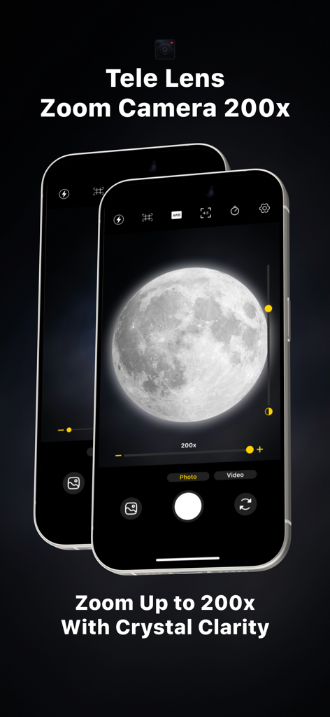 Captura de pantalla de la aplicación Tele Lens Zoom Camera 200x en iPhone que muestra una foto de alta resolución de la luna con zoom 200x y controles estilo DSLR.