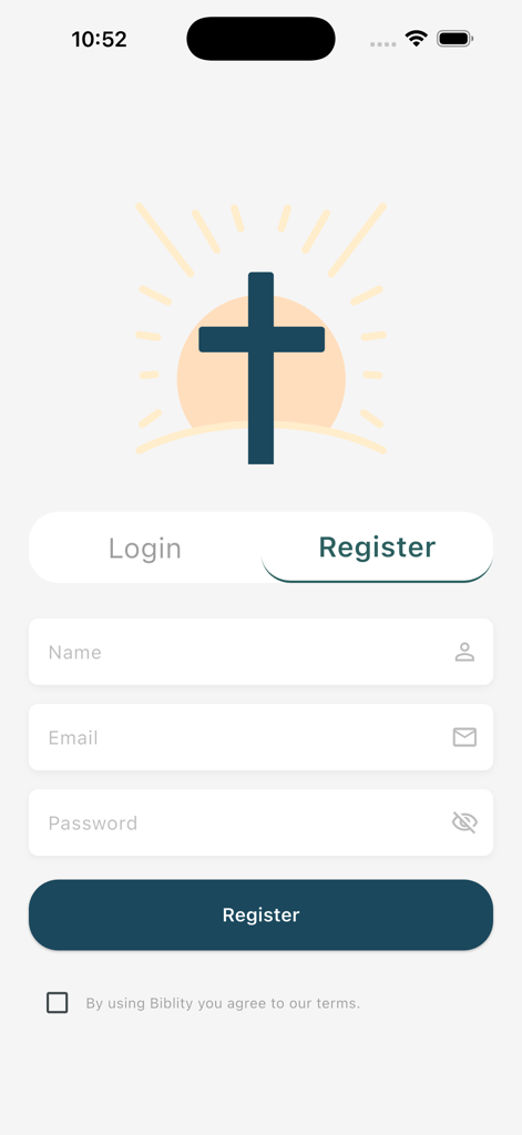 Registration screen for the Biblity Bible app showing a cross icon and sign up fields for name email and password