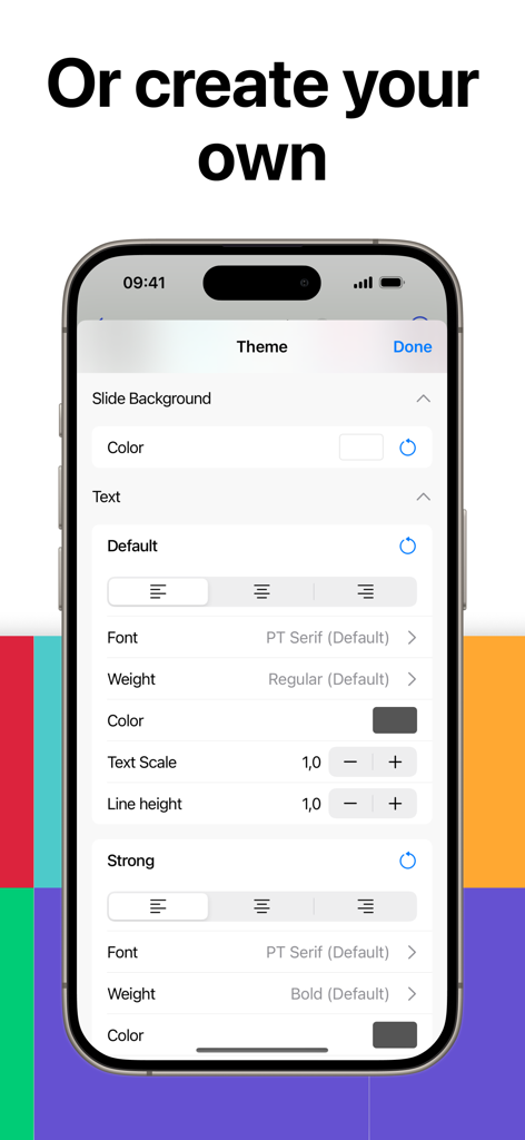 Deckset: Your Notes to Slides - A mobile interface for customizing presentation themes with settings for background colors, font styles, and text alignment.