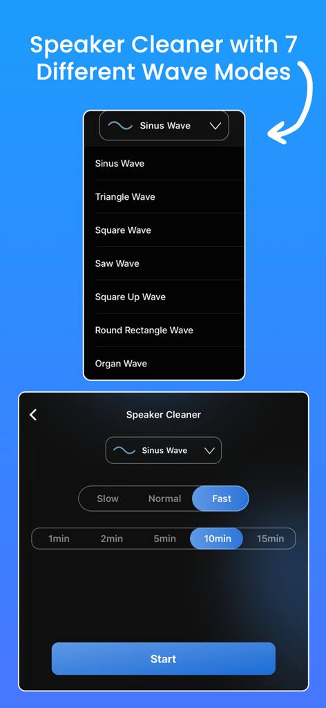 Speaker Cleaner & Sound Boost - A mobile interface for a speaker cleaner app showing seven different sound wave modes and duration settings to eject water