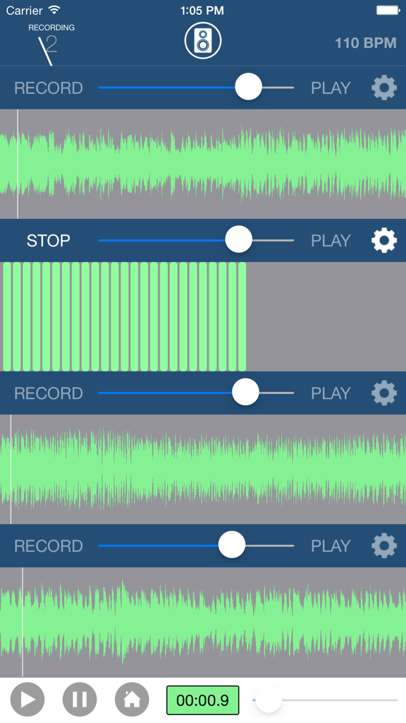 Multi Track Song Recorder Pro - Multi Track Song Recorder Pro interface with four audio tracks and waveforms