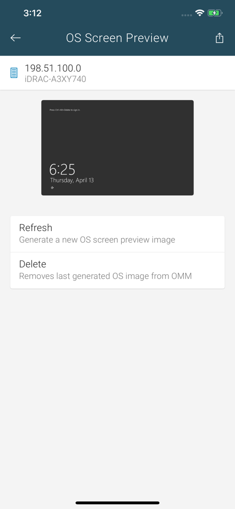 OpenManage Mobile - OS screen preview of a remote server in the OpenManage Mobile app