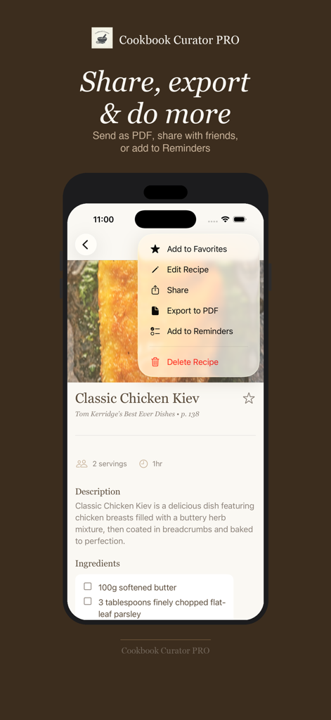 Cookbook Curator PRO - Cookbook Curator PRO recipe menu showing share and export to PDF options