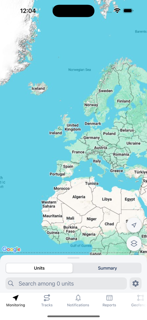 GeckoTrack app interface showing a world map and unit monitoring menu