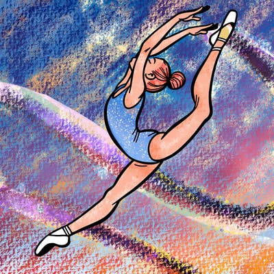 gymnast doing a leap in a leotard with a bent back leg