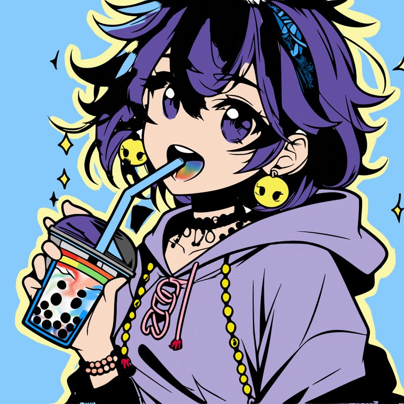 hot baddie anime girl drinking boba and biting the straw