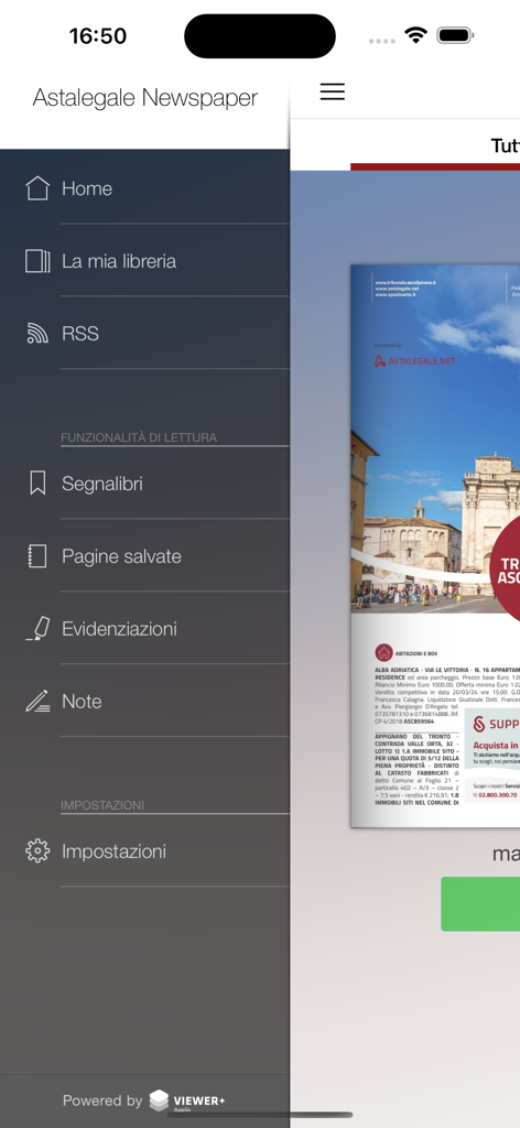 Astalegale Newspaper - Side navigation menu of the Astalegale Newspaper app showing options like Home, My Library, and Bookmarks.