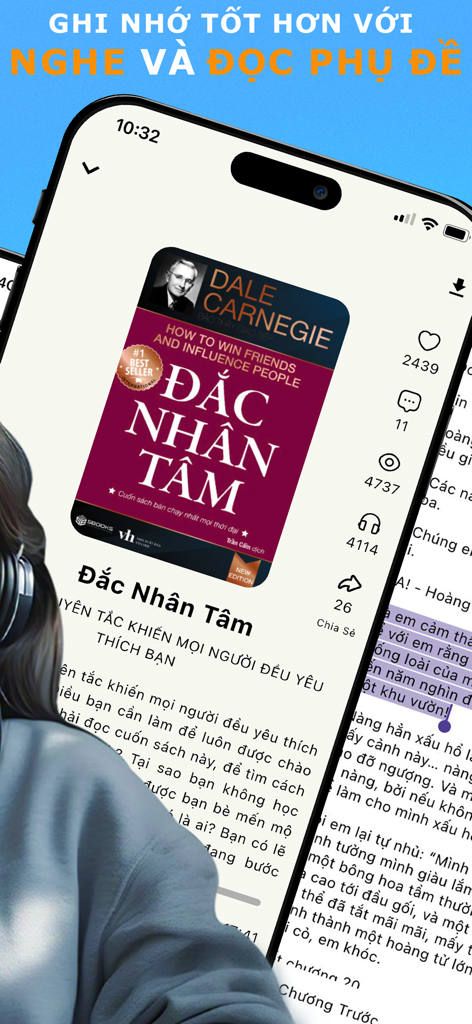Bookas - Sách nói & Truyện - Interface of the Bookas app showing a Vietnamese audiobook with synchronized reading subtitles