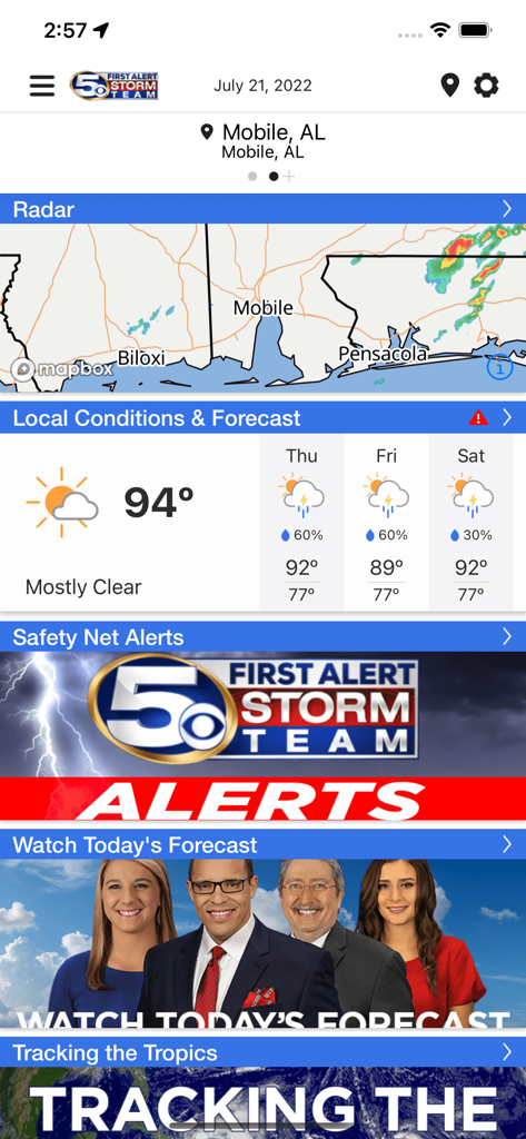 WKRG Weather - Screenshot of the WKRG Weather app showing the local radar for Mobile and Pensacola, current conditions at 94 degrees, and a 3-day weather forecast.