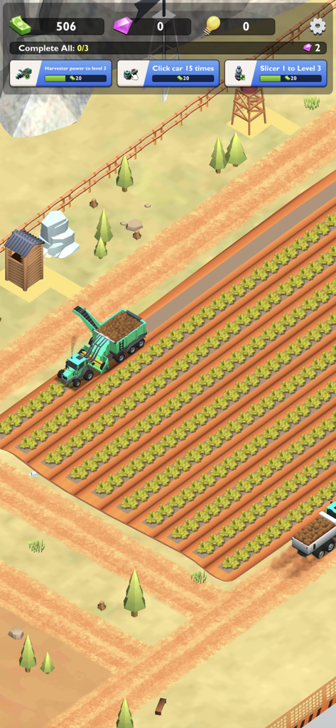 Una máquina cosechadora de patatas verde recogiendo cultivos en un campo en el juego Idle Chips Tycoon.
