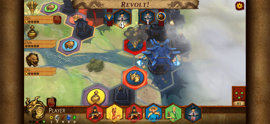 A gameplay screenshot of Reiner Knizia Yellow and Yangtze showing a revolt occurring on a hexagonal strategy map.