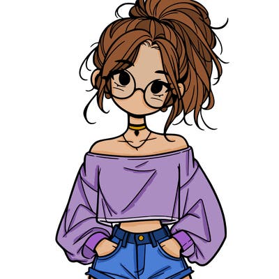 girl with a messy ponytail glasses a baggy crop top and jean shorts