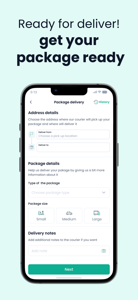 Mr Mandoob app package delivery screen showing address details and package size selection