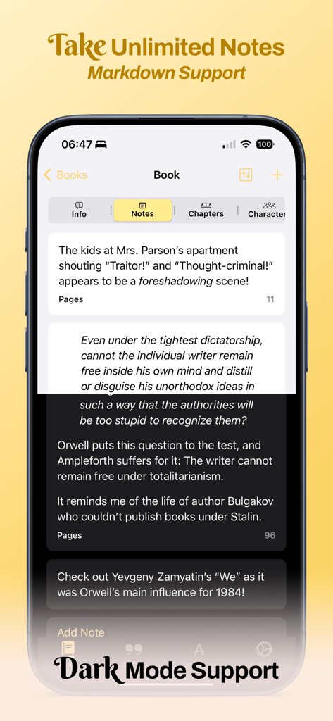 Bookopedia: Note-Taking Books - Une interface mobile de l'application Bookopedia présentant les fonctionnalités de prise de notes avec prise en charge de Markdown et activation du mode sombre.