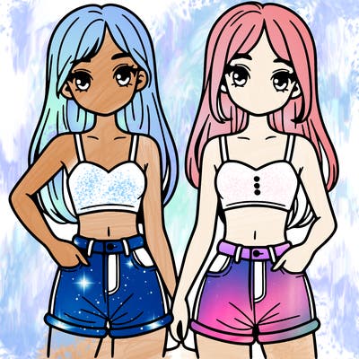 two sisters with crop tops and jean shorts and straight hair