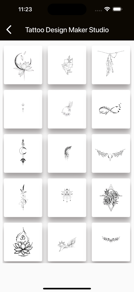 Tattoo Design Maker Studio - Una cuadrícula de varios diseños de tatuajes en blanco y negro que incluyen estilos florales y minimalistas