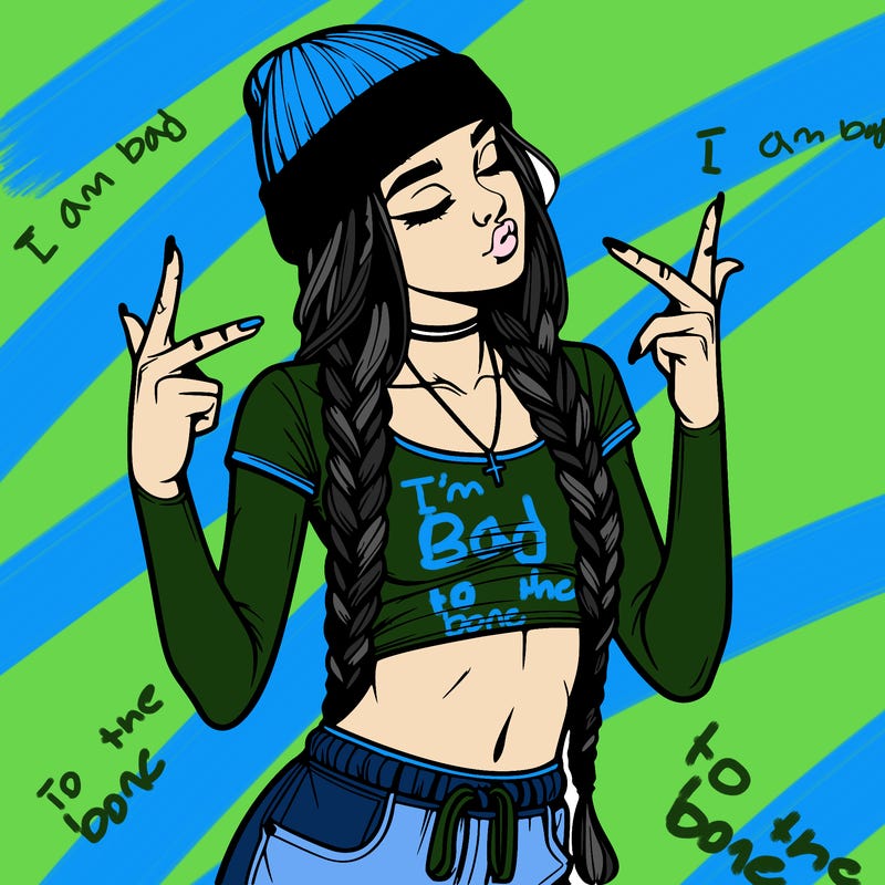 realistic teenage girl with braids and a beanie and crop top doing 🫶🏼