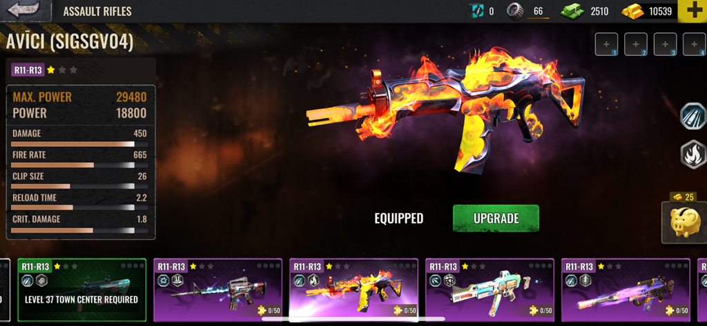 Pantalla de personalización de armas en Zombie Hunt que muestra un rifle de asalto con una skin de fuego y sus estadísticas de combate