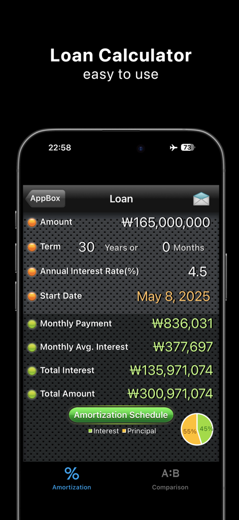 AppBox: Useful 16 Apps in One - Una interfaz móvil de la calculadora de préstamos de AppBox que muestra un desglose de los pagos mensuales, el interés total y un gráfico de amortización.