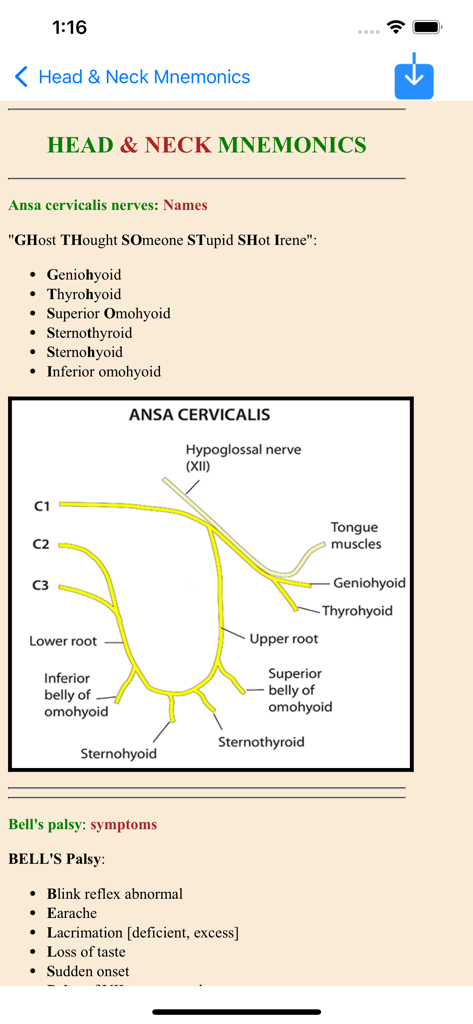 All Medical Mnemonics App - Anatomy mnemonics for head and neck nerves with diagram in the medical education app