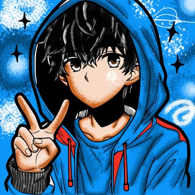 teenage manga boy in a hoodie, doing ✌