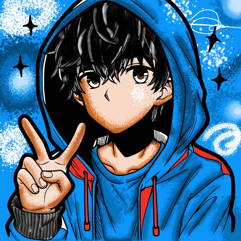 teenage manga boy in a hoodie, doing ✌