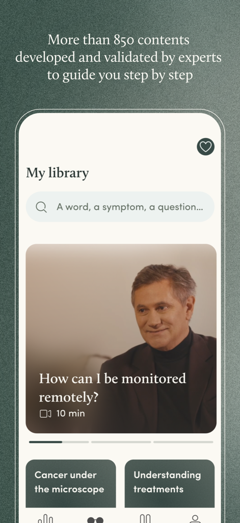 Écran de bibliothèque de l'application Resilience Care présentant du contenu médical validé par des experts et des vidéos éducatives pour la gestion du cancer.