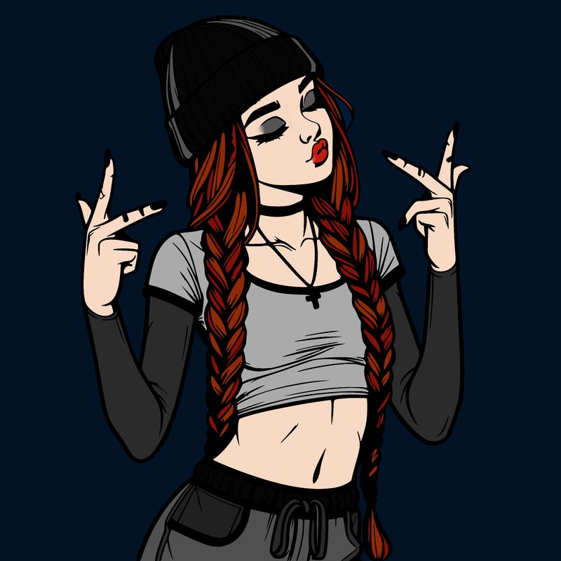 realistic teenage girl with braids and a beanie and crop top doing 🫶🏼